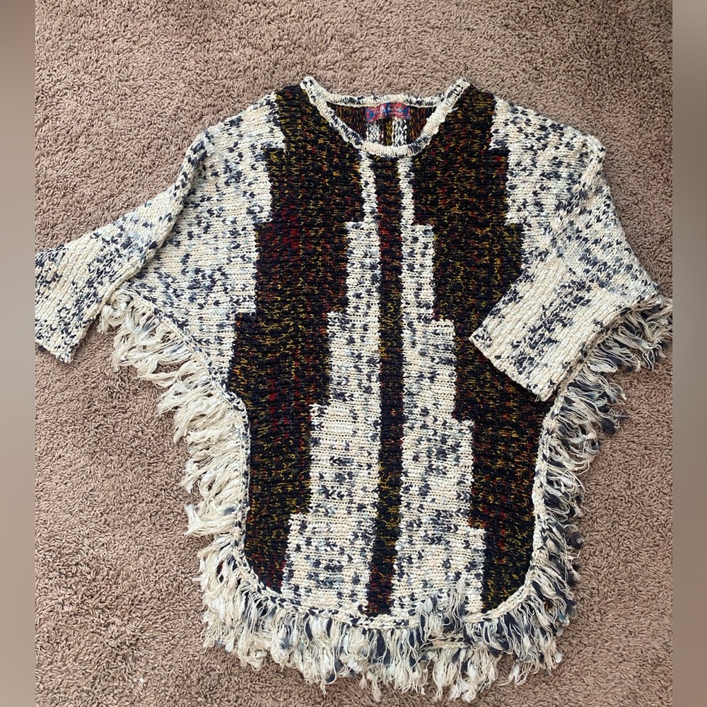Aztec poncho sweater with fringe